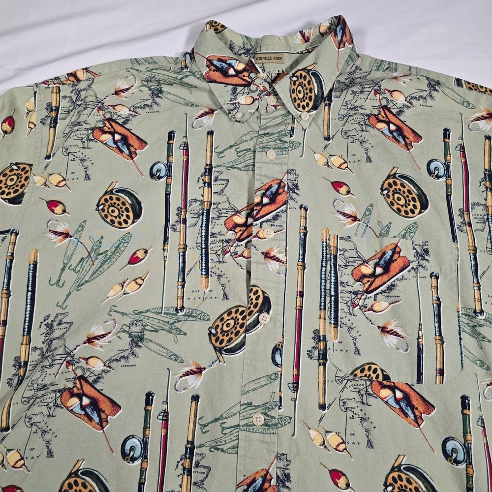 Natural Issue Mens XXL Green Fishing Print Shirt Wrinkle Free Cotton outdoor